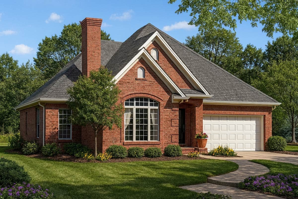 House plan exterior: Brick, two-story, arched window, gabled dormers, attached garage, and prominent chimney.