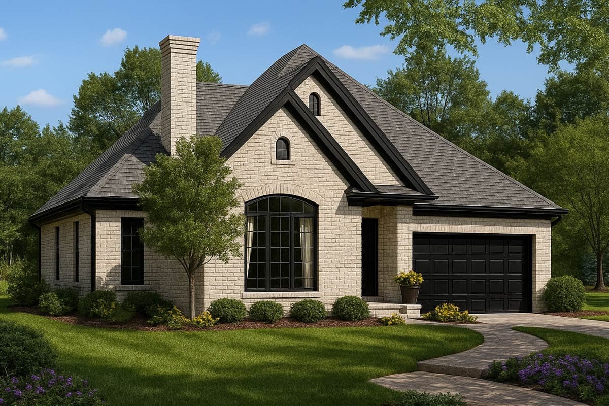 House plan exterior: Single-story home with brick facade, prominent chimney, arched window, and attached garage.
