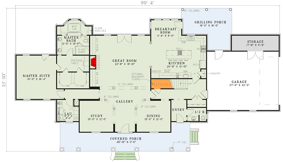 Plan 59646ND: Country Southern House Plan with Wraparound Porch and Outdoor Kitchen - Floor Plan - Main Level - Country, Southern