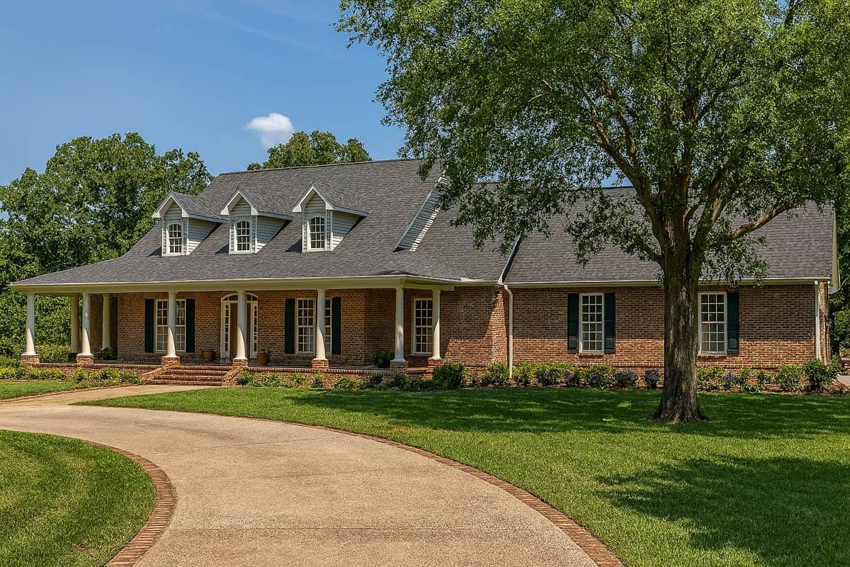 House plan exterior of a one-story brick home with a wrap-around porch, dormers, and symmetrical window placement.