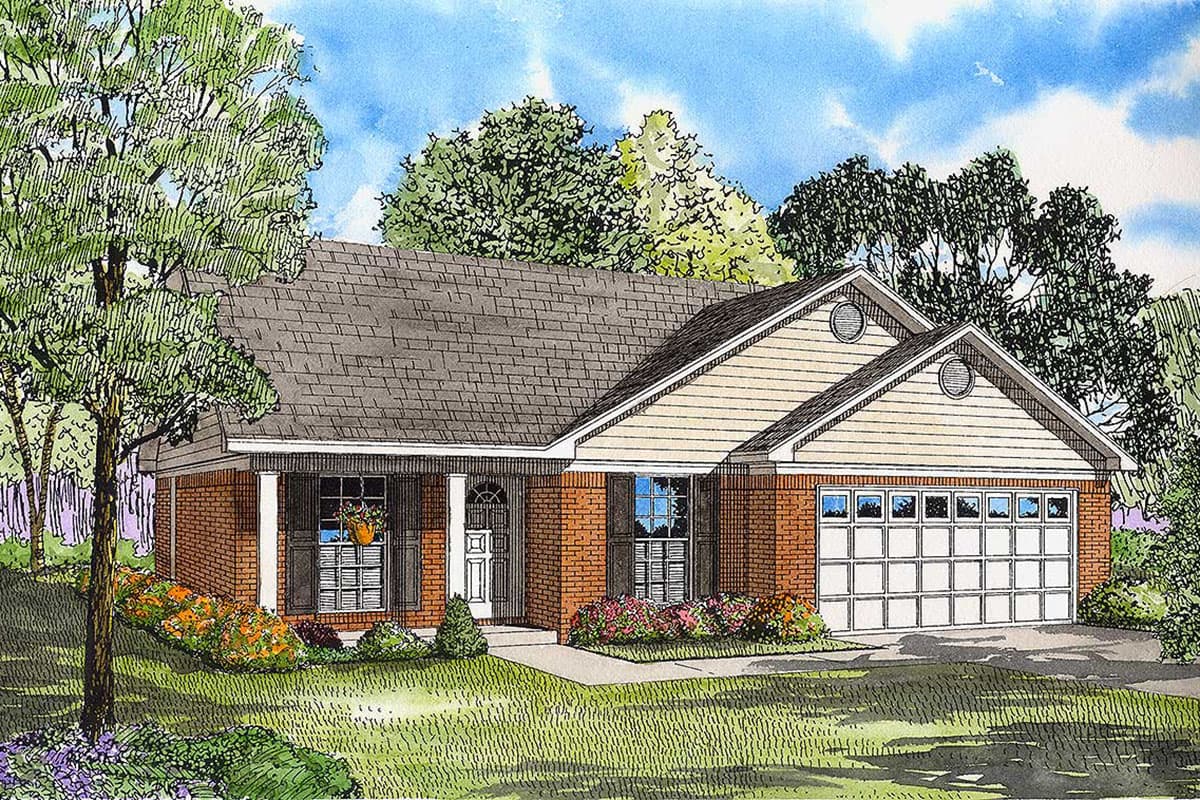 Ranch house plan exterior with brick facade, covered entry porch, gable dormers, and a two-car garage.