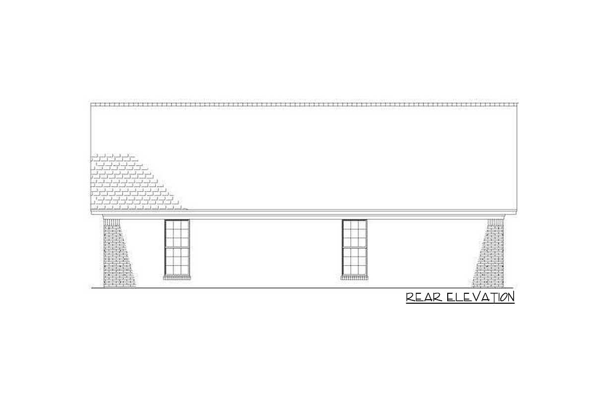 Rear elevation drawing of a house plan featuring two windows and brick foundation details.