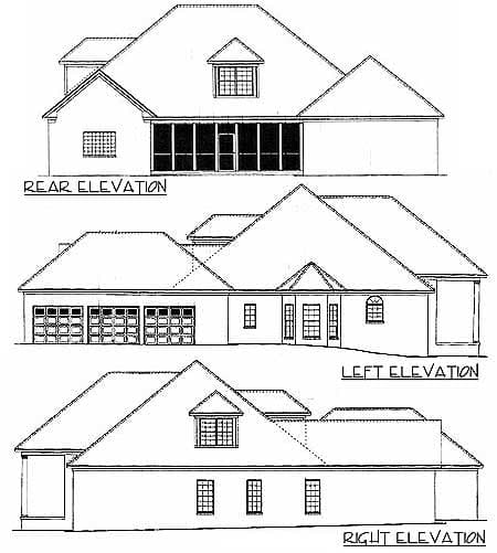 Rear, left, and right elevations of a house plan featuring a screened porch, three-car garage, and dormer window.