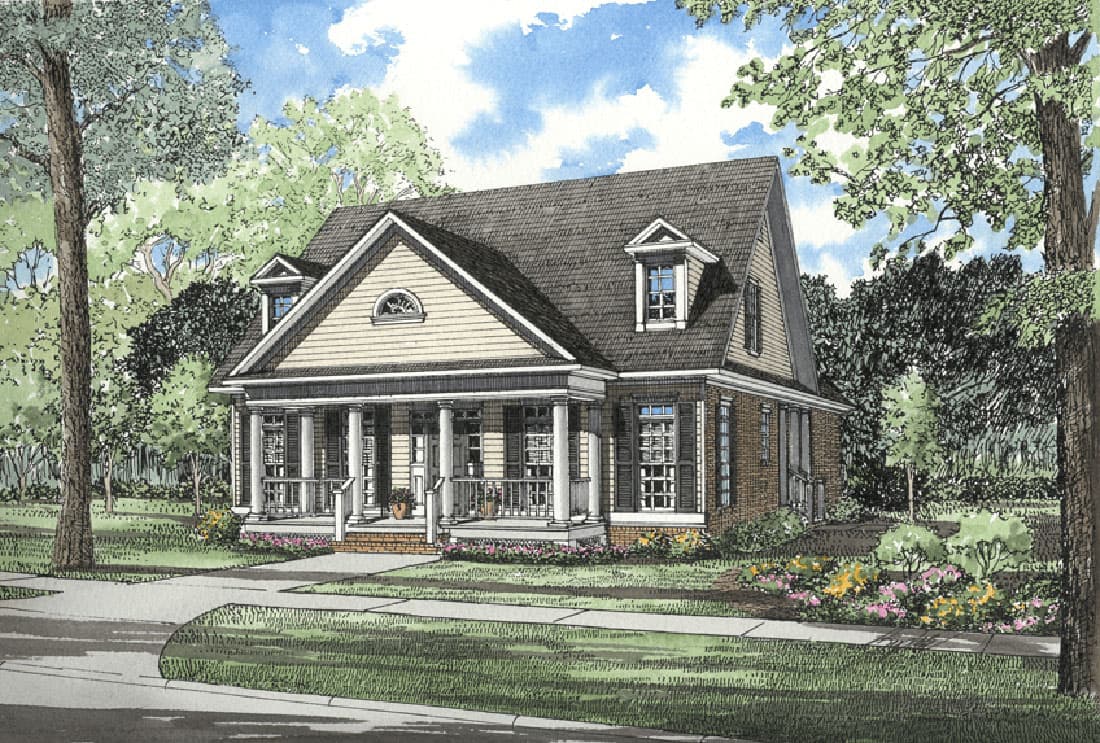House plan exterior: Two-story Traditional style with a prominent covered front porch, dormer windows, and a gambrel roof.