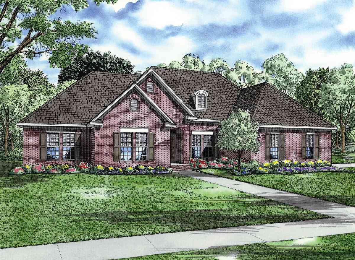 House plan exterior: Brick-clad one-story home with multiple gables, dormers, and louvered shutters.