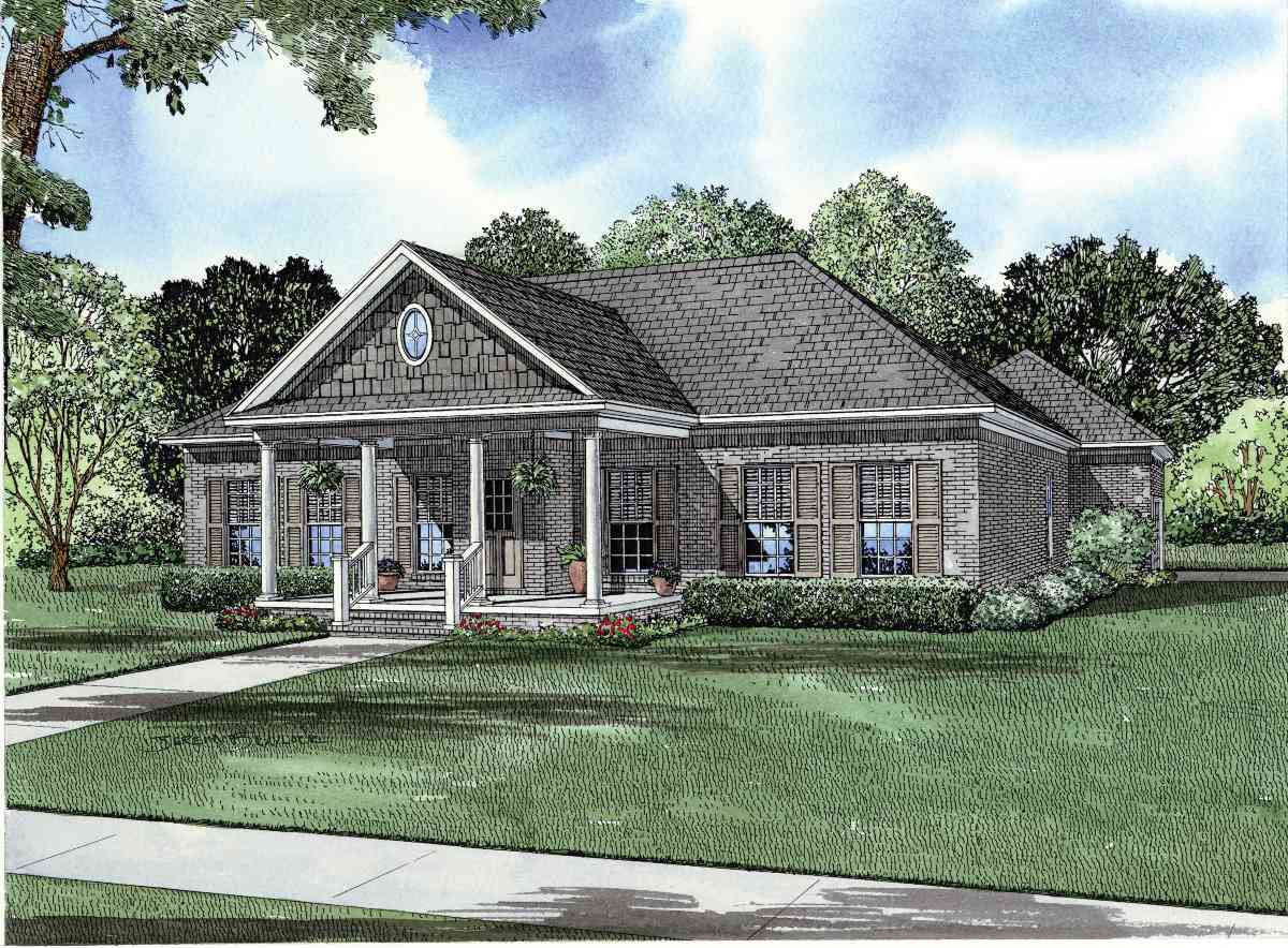 House plan exterior: Single-story brick home with a covered front porch, columns, dormer window, and multi-pane windows.