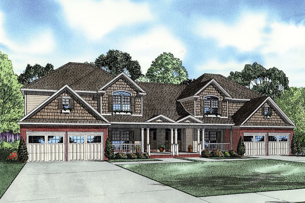 House plan exterior with a central covered porch, dormers, and a triple-car garage. Features shake siding and brick accents.