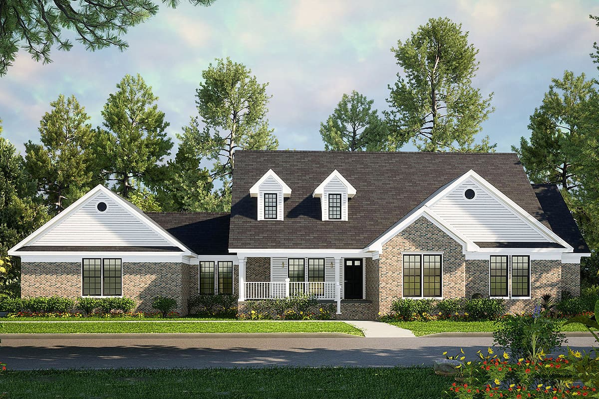 House plan exterior: One-story brick home with gabled dormers, a central covered porch, and prominent front gables.