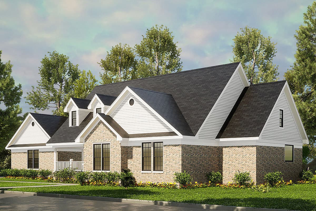 House plan exterior shows a single-story dwelling with a brick facade, gabled dormers, a covered porch, and multiple rooflines.