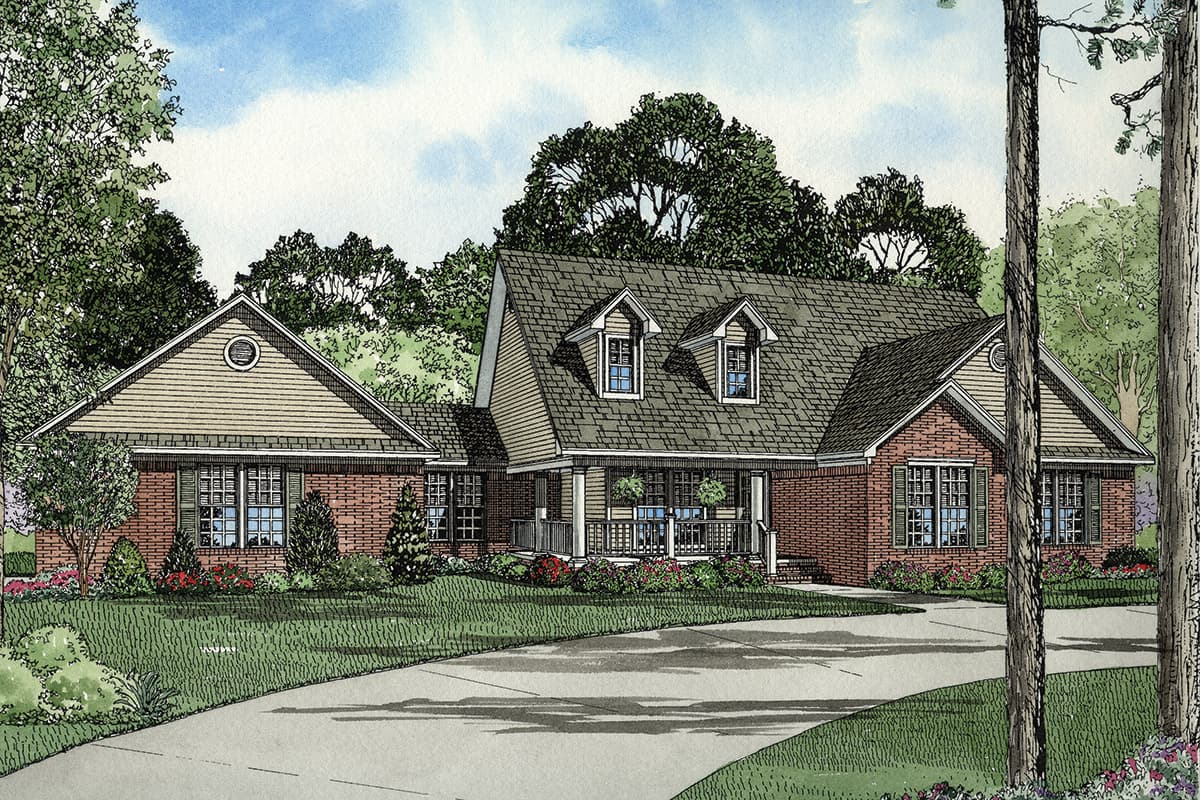House plan exterior of a one-story brick home with gables, dormers, and a covered front porch.