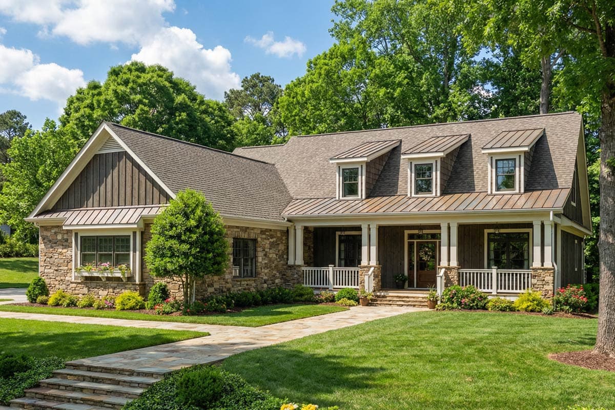 House plan exterior, a 1.5-story home with stone and wood siding, gabled dormers, and a wraparound porch.