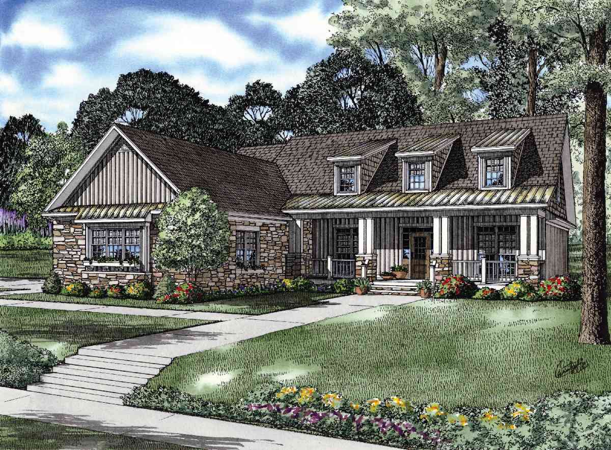 House plan exterior: One-story Modern Farmhouse with stone facade, gabled dormers, prominent covered porch with columns, and vertical siding.
