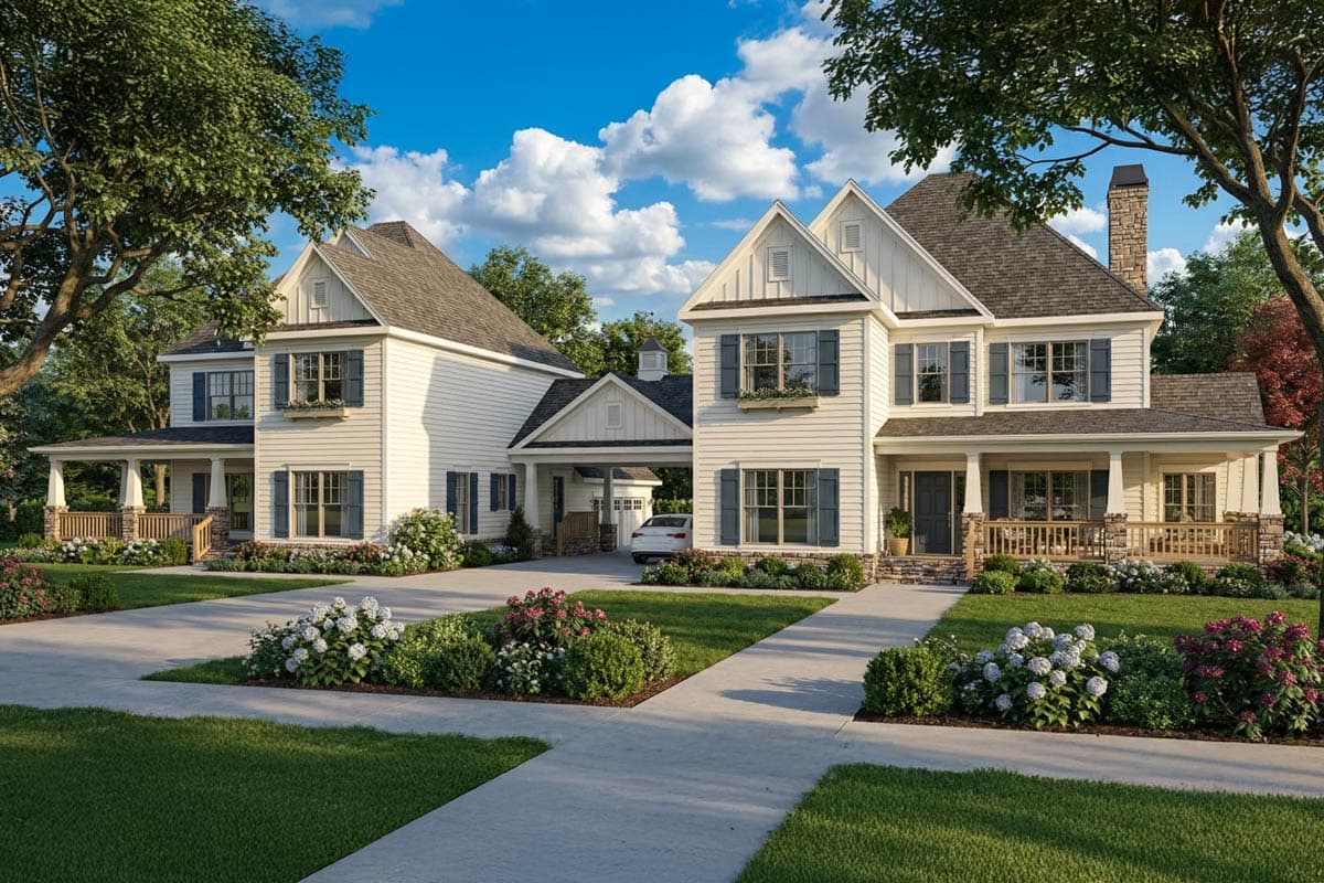 Two-story white houses with blue shutters and a connected carport, lush green lawns, and a bright blue sky with fluffy clouds.