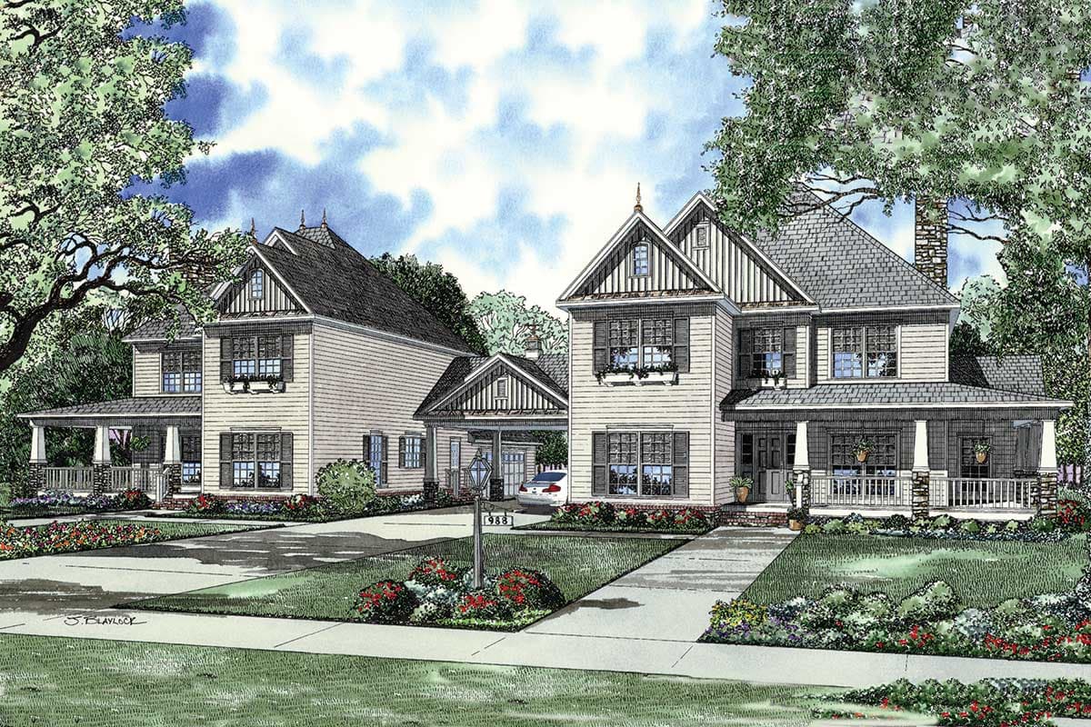 House plan exterior: two-story home with gabled dormers, a covered front porch, and attached carport.