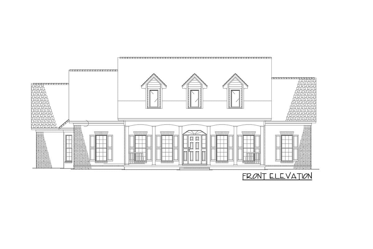 Front elevation drawing of a house plan featuring a large covered porch, dormers, and brick accents.