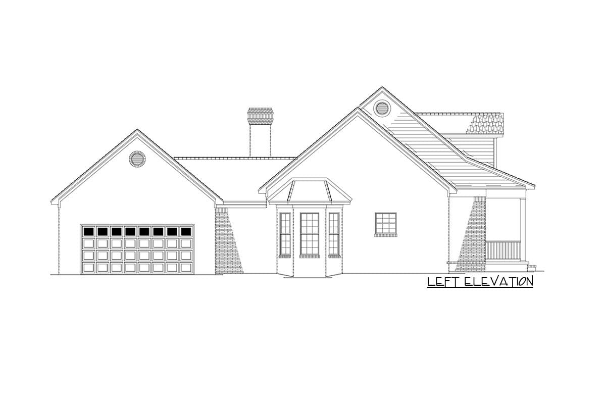 Left elevation house plan with attached garage, bay window, brick chimney, and covered porch.