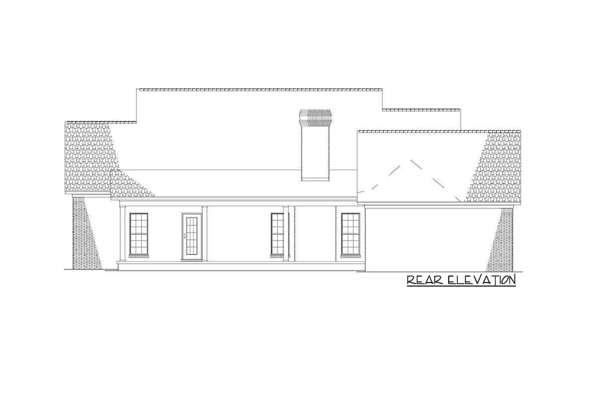 Rear elevation drawing of a house plan featuring a covered porch, multiple windows, and a chimney.