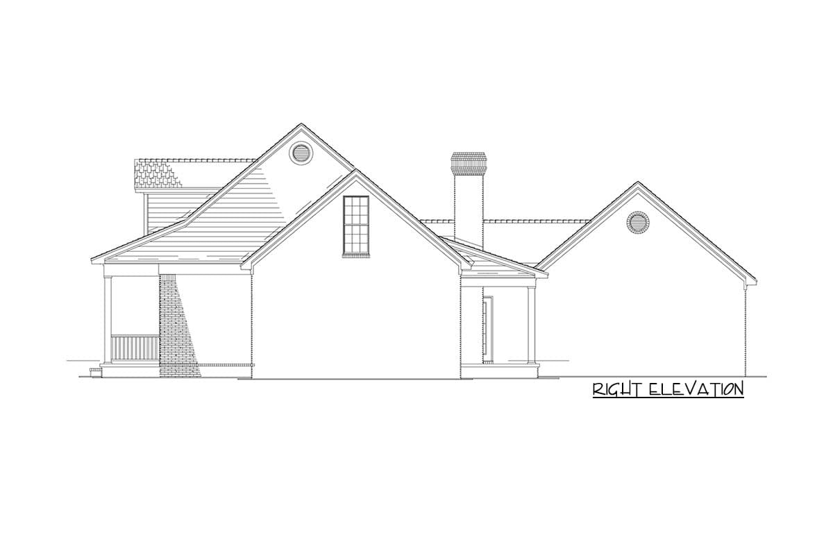 Right elevation drawing of a two-story house plan with a covered porch, gables, and a prominent chimney.
