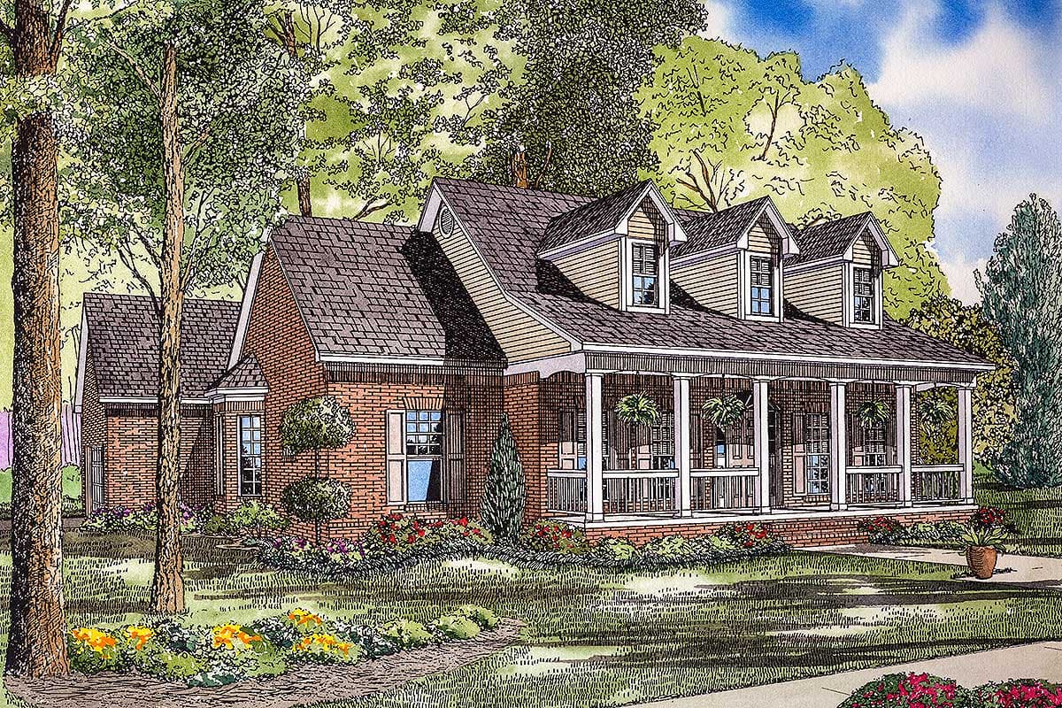 House plan exterior: Brick one-story with a wide covered porch, multiple gables, and dormer windows.
