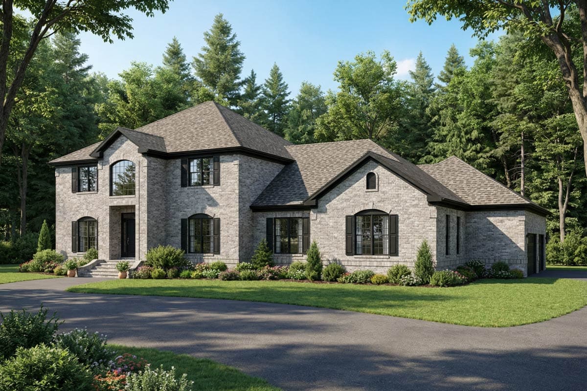 House plan exterior with brick facade, two stories, multiple gables, arched windows, and a side-entry garage.