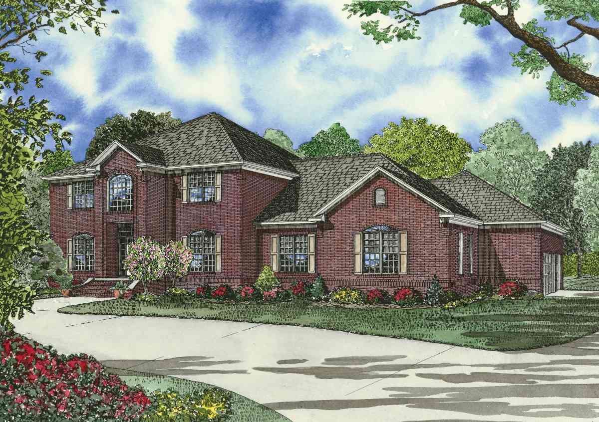 Two-story brick house plan with arched windows, multiple gables, and an attached side-entry garage.