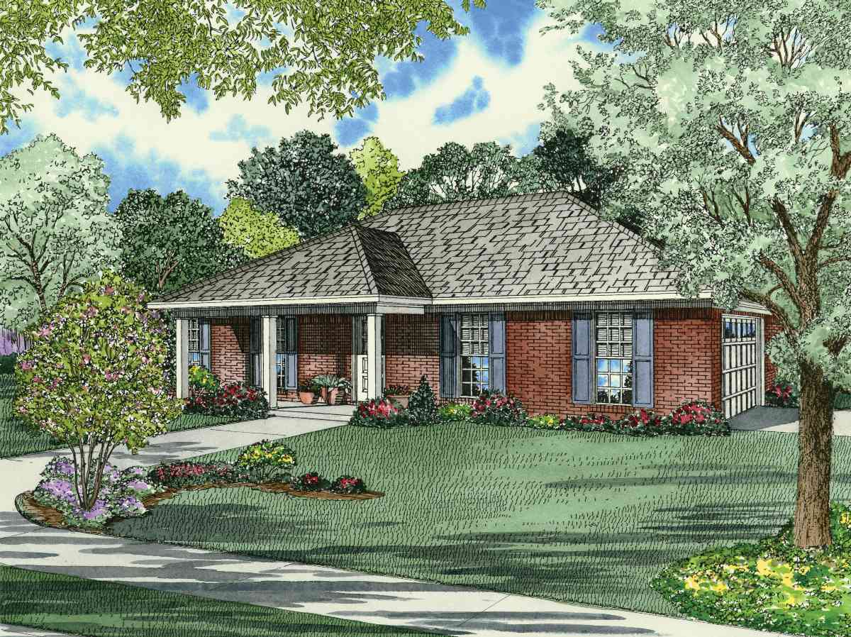 House plan exterior: one-story brick home with a covered front porch, gabled dormer, and side-entry garage.