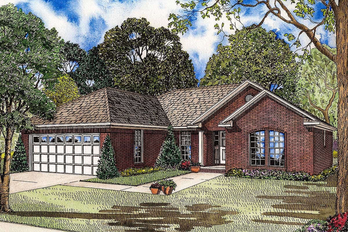 House plan exterior: One-story brick home with attached two-car garage, prominent front gable, and arched windows.