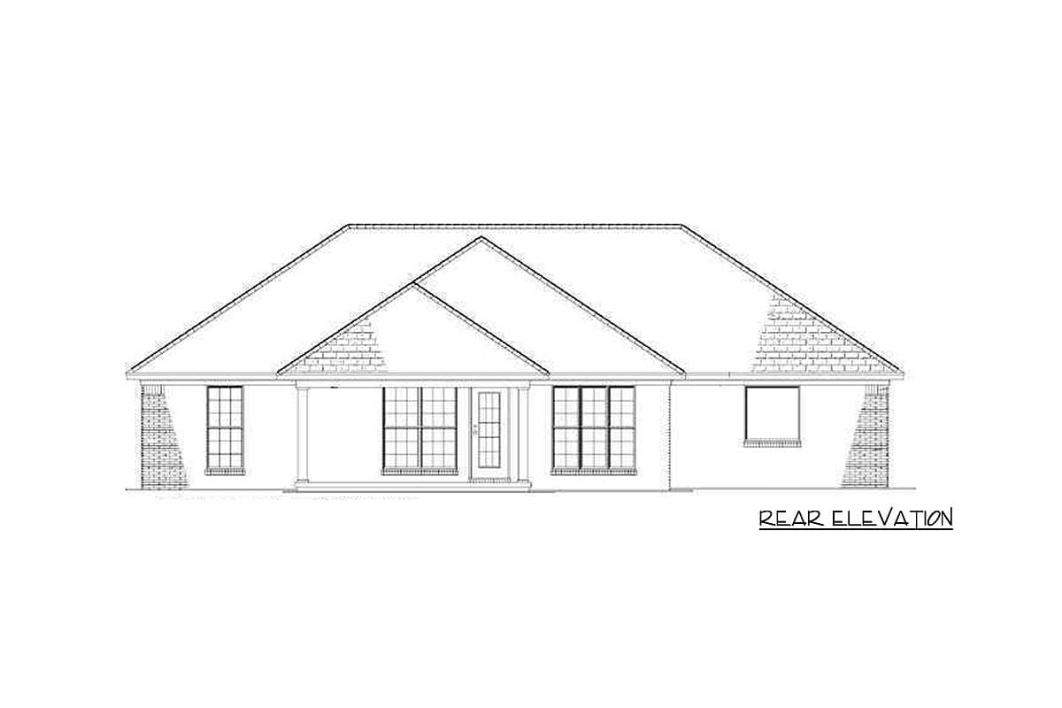 Rear elevation drawing of a one-story house with a gabled roof, covered porch, and brick accents.