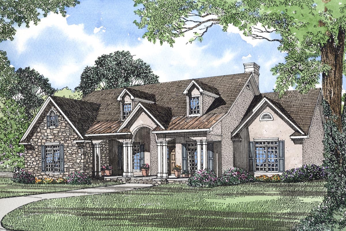 House plan exterior: Ranch-style home with stone facade, prominent gabled dormers, arched entry porch supported by columns, and varied rooflines.
