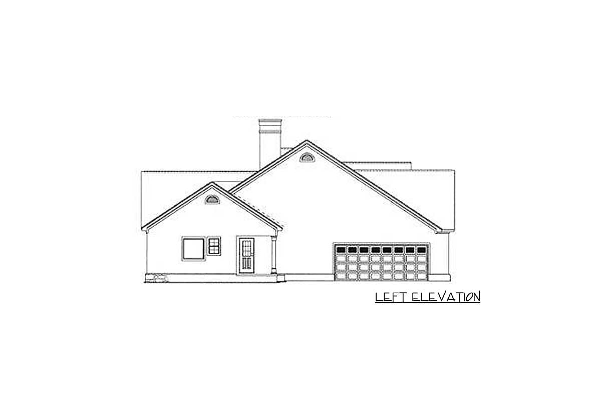 Left elevation of a house plan showing a gable roof, dormer, chimney, and two-car garage.