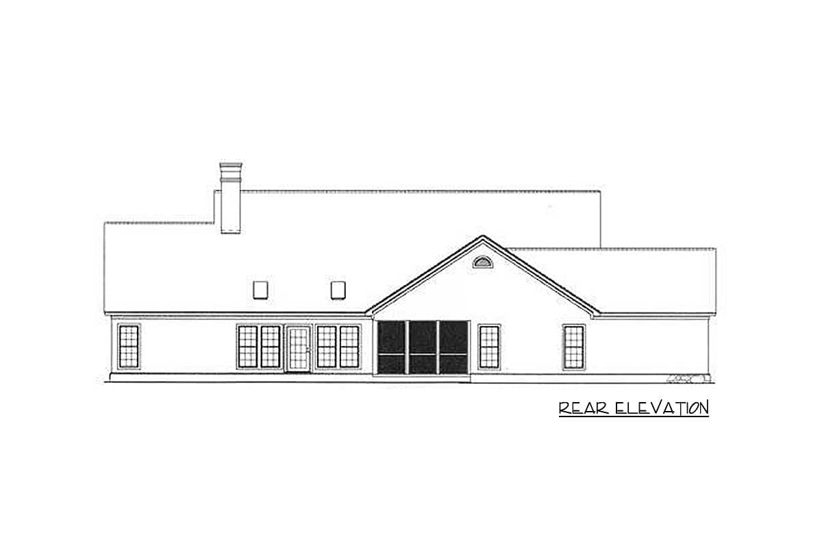 Rear elevation drawing of a house plan with a prominent gabled section, chimney, and multiple windows.