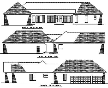 Architectural house plan elevations: front, rear, left, and right views showing a one-story home with a gabled roof and attached two-car garage.