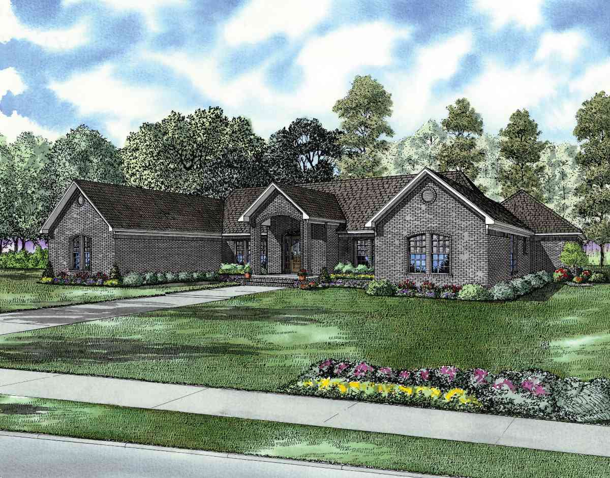 House plan exterior rendering of a one-story brick home with arched entryway, prominent gables, and a detached garage.