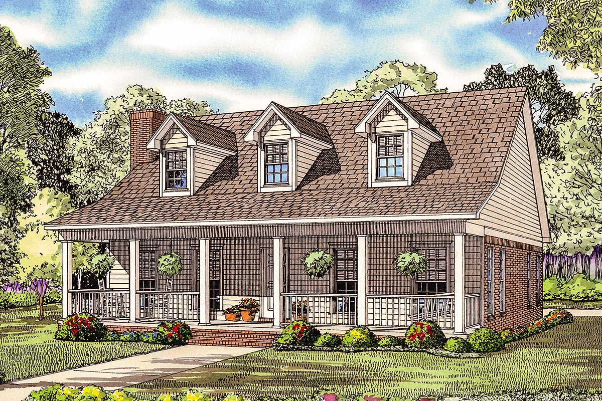 House plan exterior of a one-and-a-half-story home featuring a full-width covered porch, dormer windows, and brick accents.
