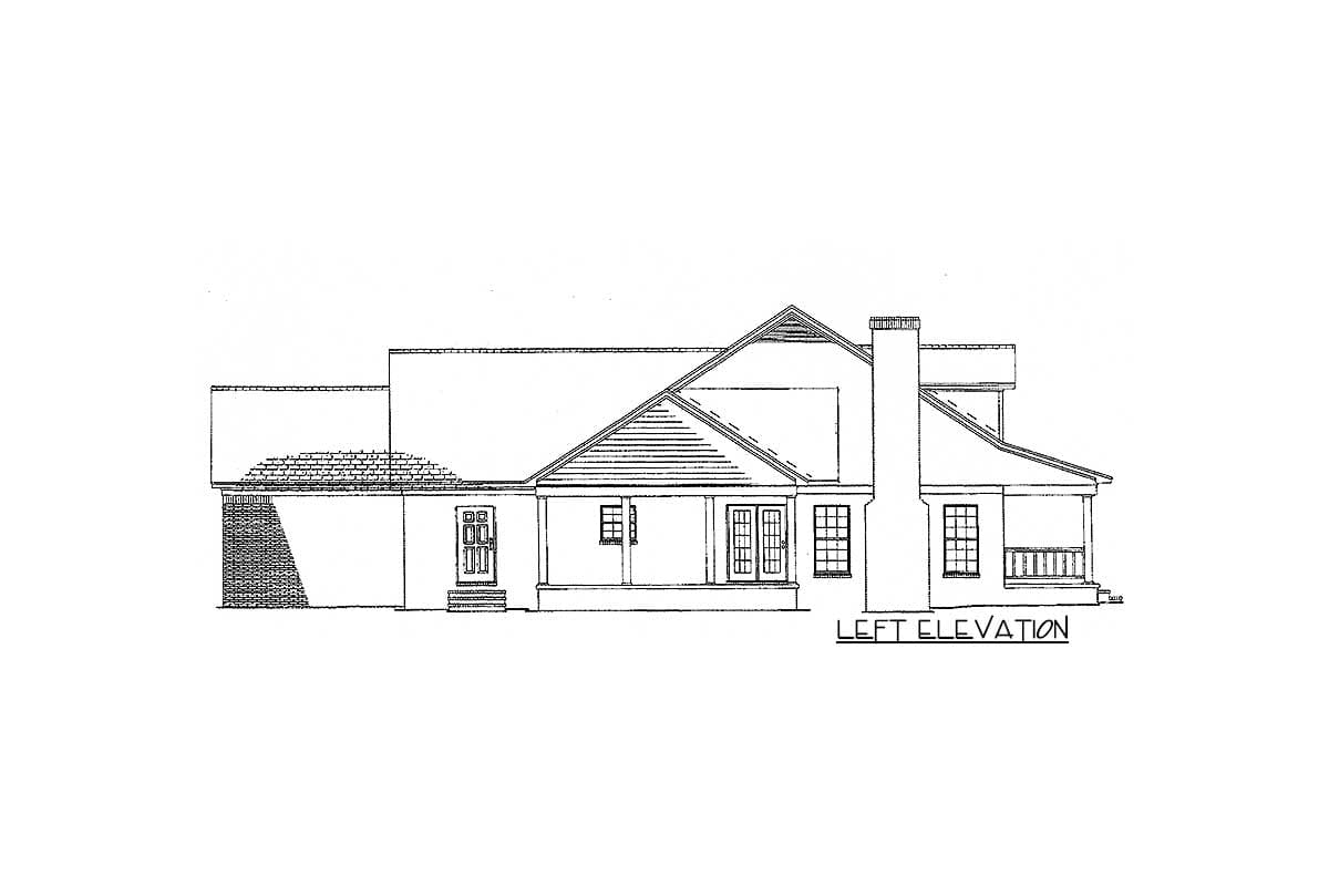 Left elevation house plan with prominent gable, chimney, covered porch, and double entry doors.