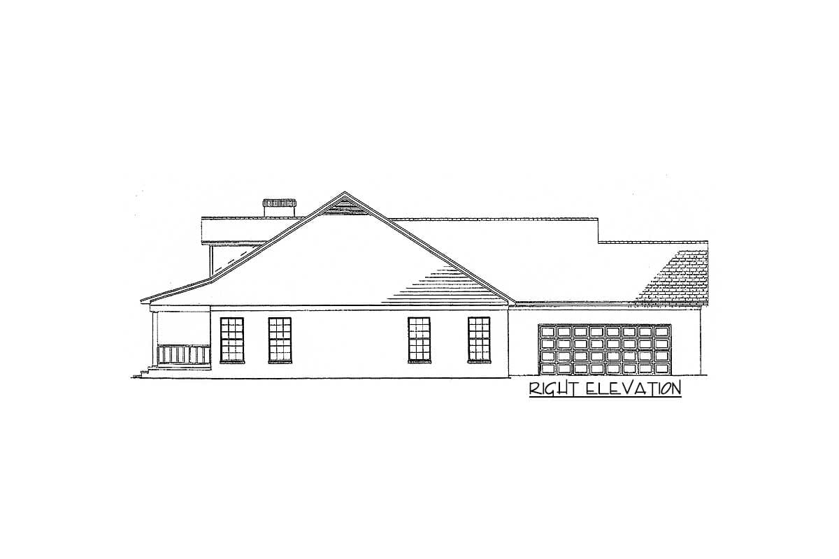 Right elevation house plan drawing showing a side view with a gable roof, chimney, porch, windows, and a multi-panel garage door.
