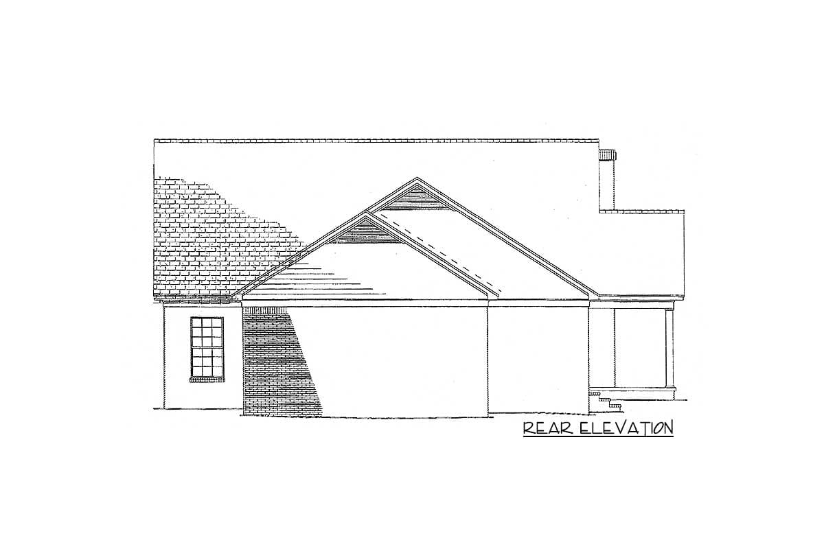 Rear elevation drawing of a house plan showing a gambrel roof, brick accent, and covered porch.