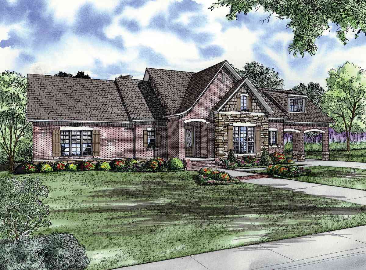 House plan exterior: Brick and stone facade, arched entry, prominent gables, dormer window, and attached carport.