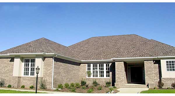 House plan exterior: single-story brick home with gabled roof, covered entryway with brick columns, and multiple multi-pane windows.