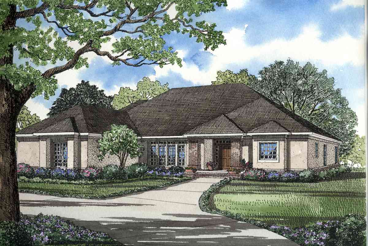 House plan exterior: Ranch style, single-story with brick and stucco facade, prominent rooflines, and multi-pane windows.