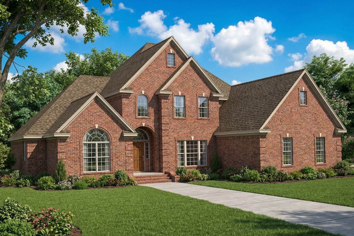 A two-story brick house with multiple gables and dormers. The front door is centered under an arched entry, a sidewalk leads up to the house.