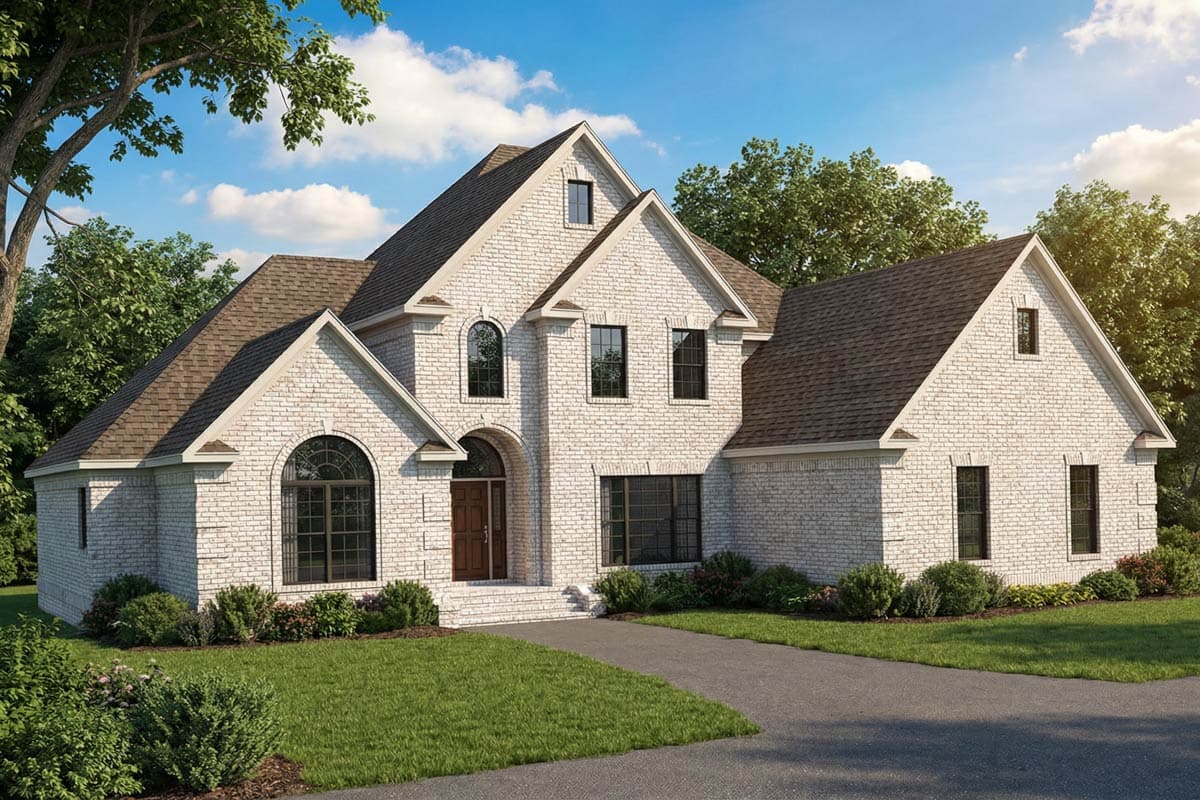 House plan exterior: Two-story brick home with arched windows, a prominent entryway with a covered arch, and multiple gables.