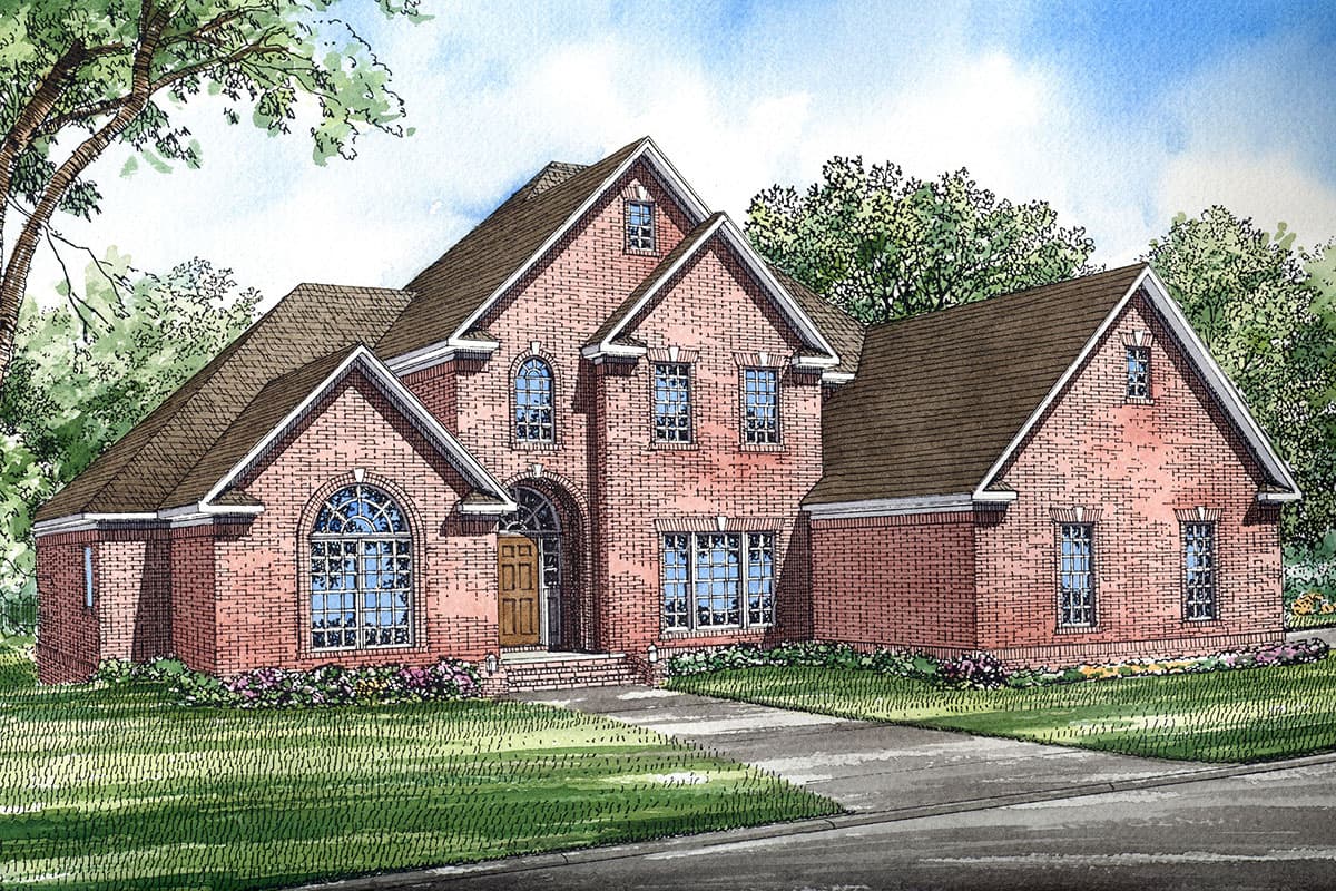House plan exterior of a two-story brick home with a prominent arched entryway, multiple gables, and varied window styles including arched.