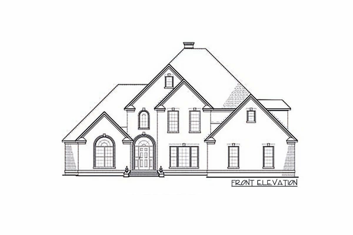 Front elevation drawing of a two-story house with arched windows, a covered entry, and multiple gables.