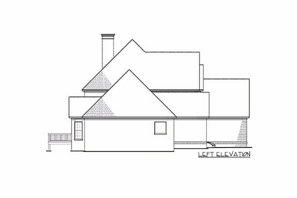 Left elevation of a house plan showing a chimney, multi-level rooflines, a dormer, and a deck.