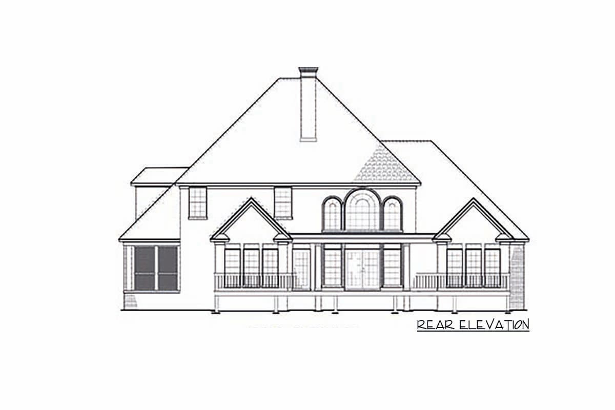 Rear elevation house plan with multi-story gables, arched windows, and covered porch with railings.