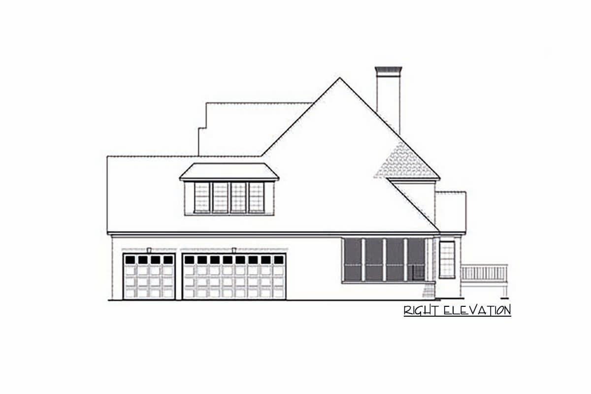 Right elevation drawing of a house plan with a gable roof, dormer window, two-car garage, and screened porch.