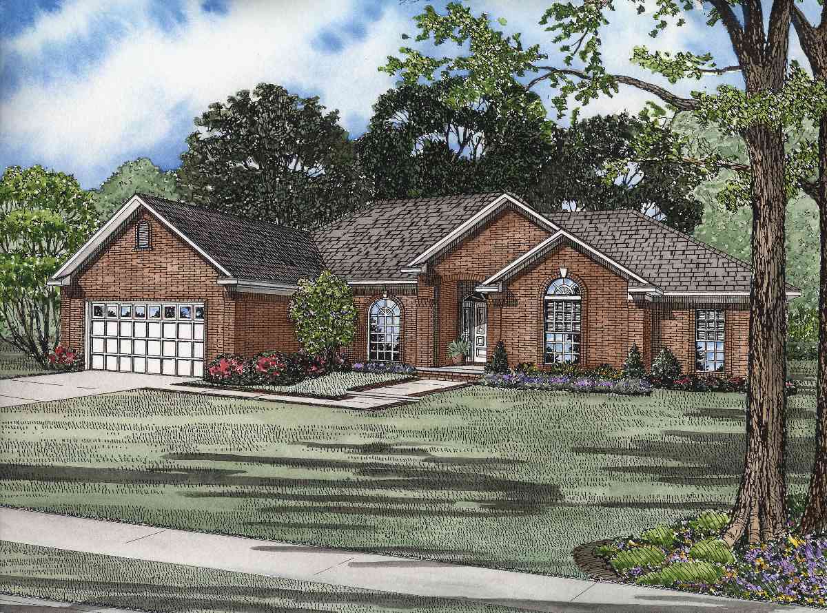 House plan exterior: Traditional brick ranch with attached garage, front entry, and arched windows.