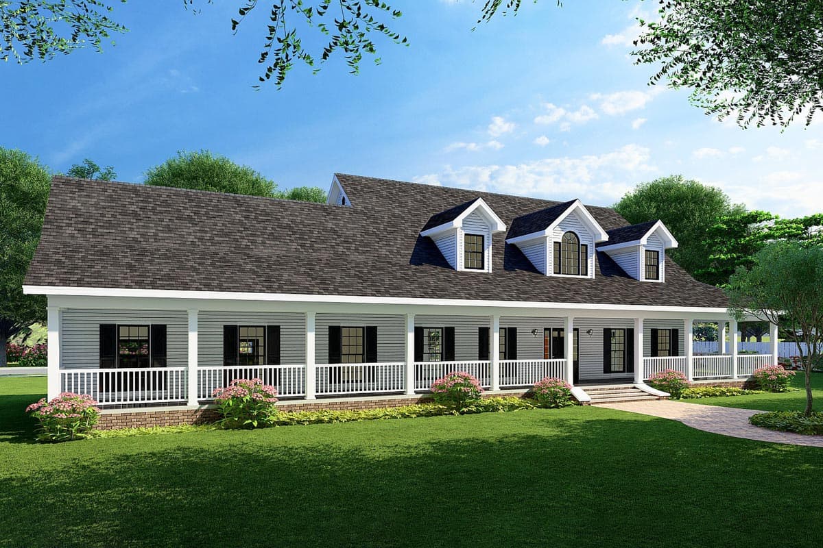 House plan exterior with two stories. Features include a wraparound porch, gabled dormers, and a prominent roofline.