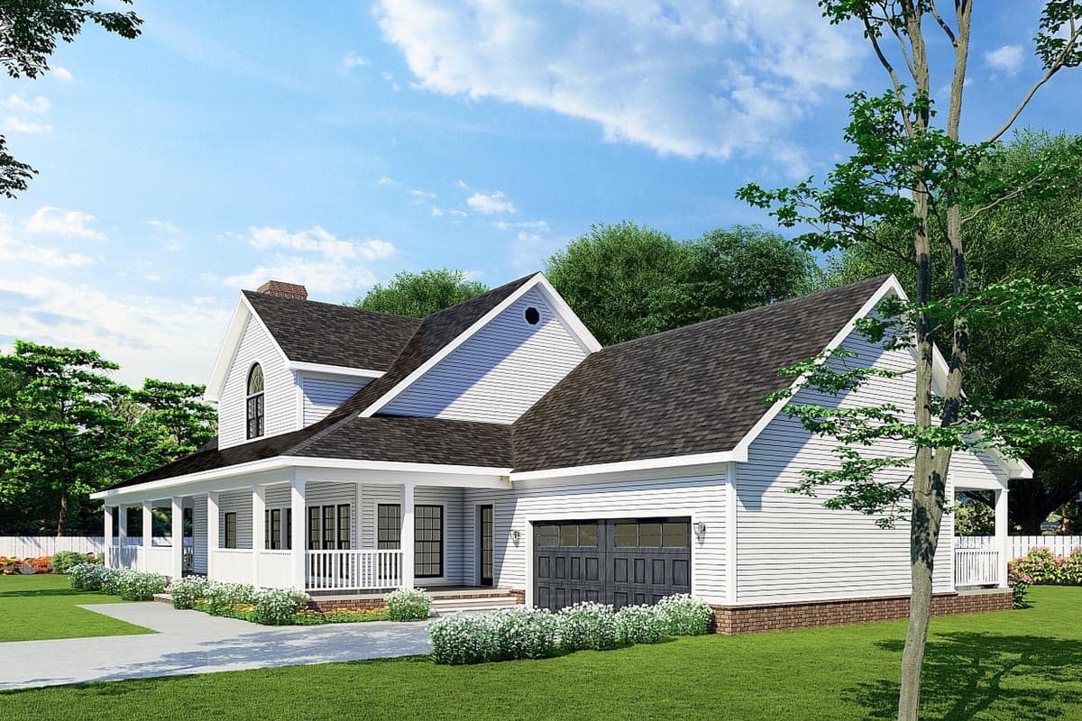 Modern farmhouse house plan exterior with wrap-around porch, gables, and attached garage.